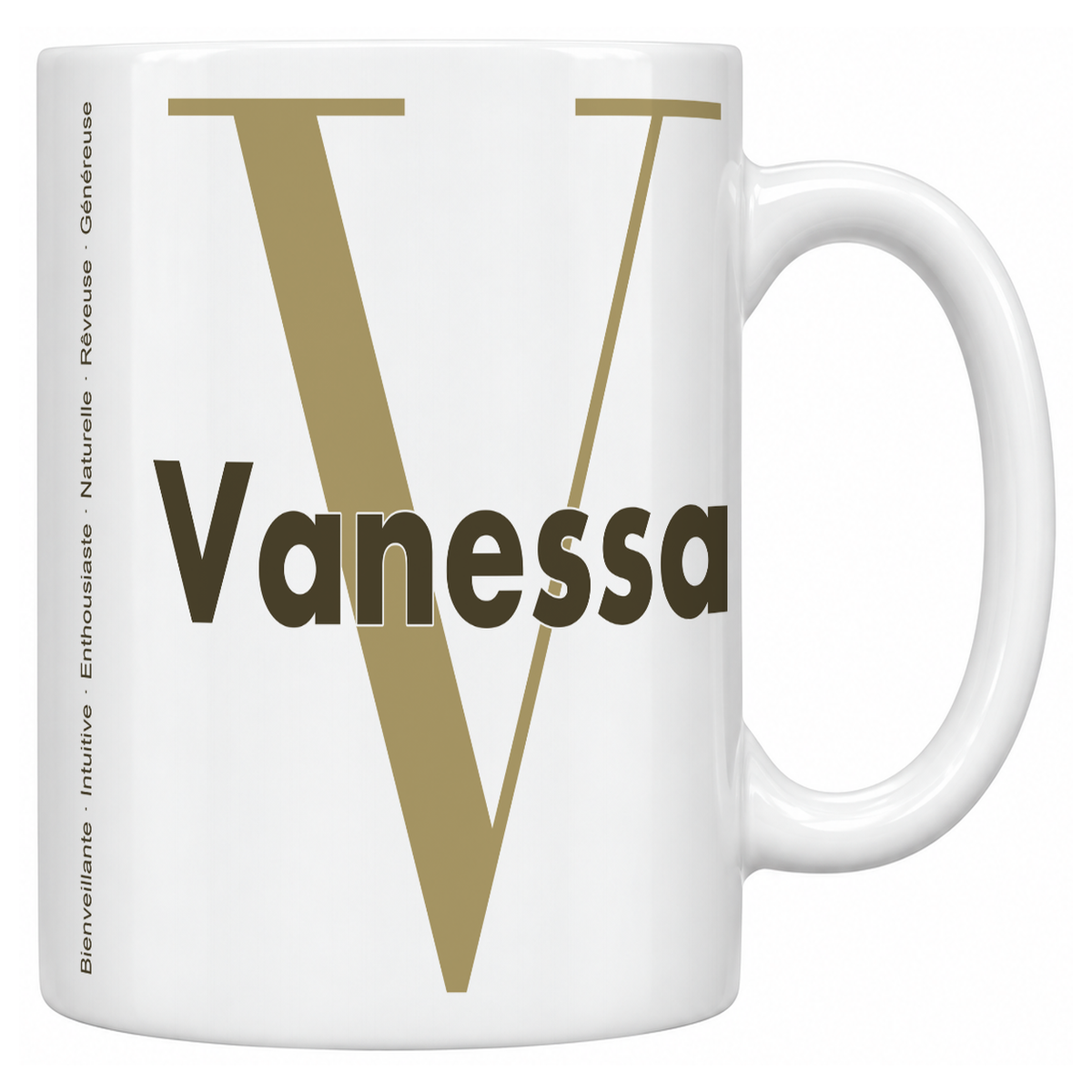 Mug blanc céramique 330 ml prénom Vanessa : grande initiale V, prénom Vanessa en lettres bold et six qualités verticales sur le côté
