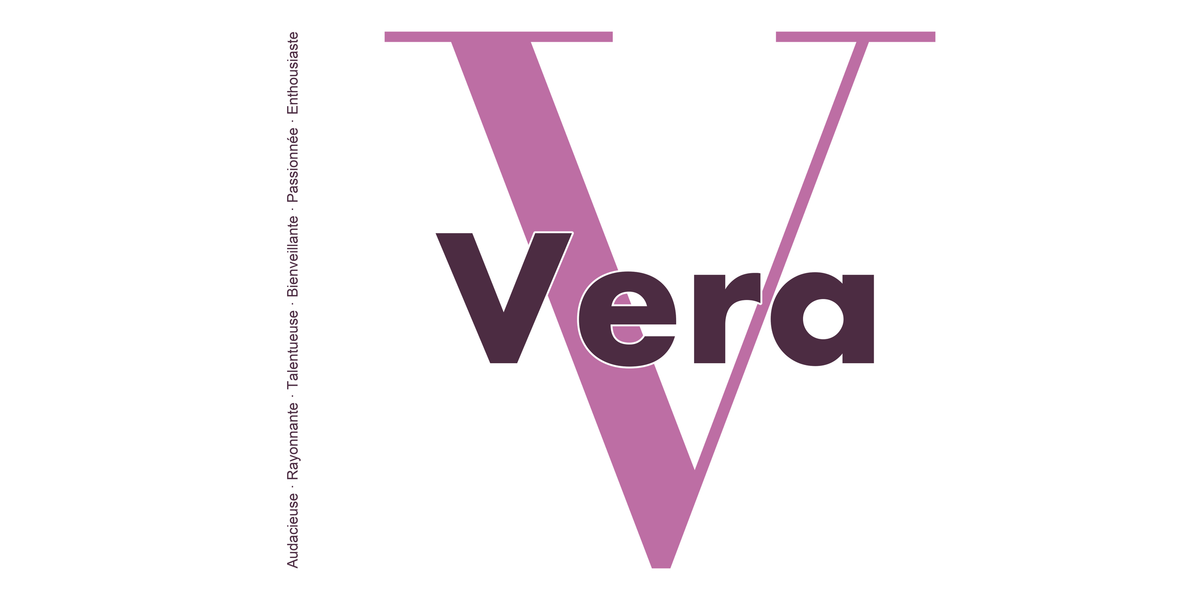 Visuel à plat du mug prénom Vera : initiale V pleine hauteur, prénom Vera centré et ligne verticale « Audacieuse · Rayonnante · Talentueuse · Bienveillante · Passionnée · Enthousiaste »