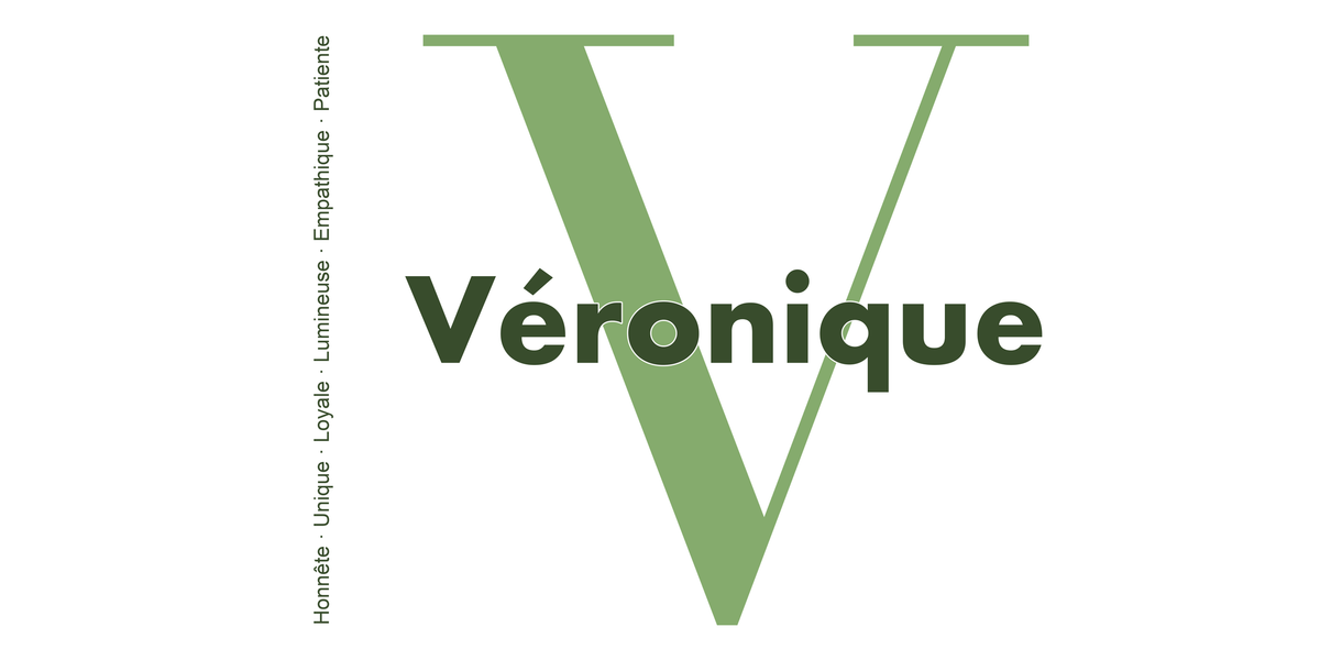 Visuel à plat du mug prénom Véronique : initiale V pleine hauteur, prénom Véronique centré et ligne verticale « Honnête · Unique · Loyale · Lumineuse · Empathique · Patiente »