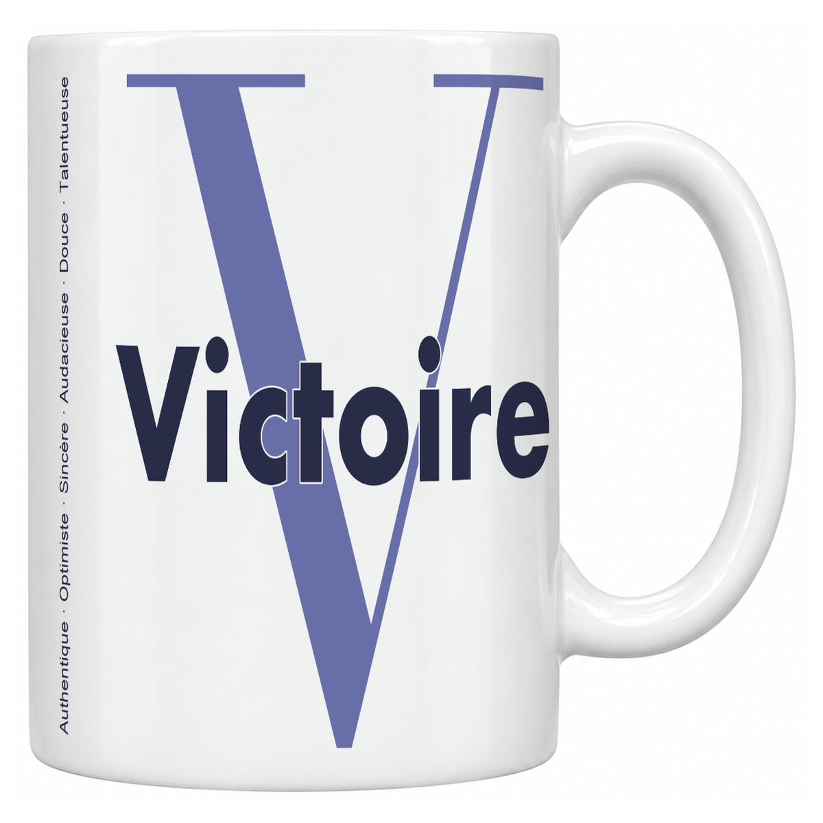 Mug blanc céramique 330 ml prénom Victoire : grande initiale V, prénom Victoire en lettres bold et six qualités verticales sur le côté