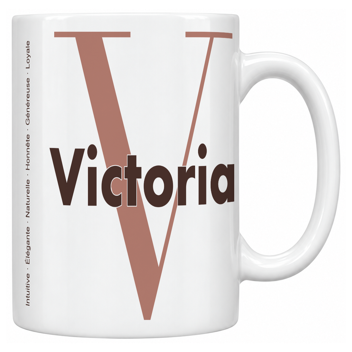 Mug blanc céramique 330 ml prénom Victoria : grande initiale V, prénom Victoria en lettres bold et six qualités verticales sur le côté