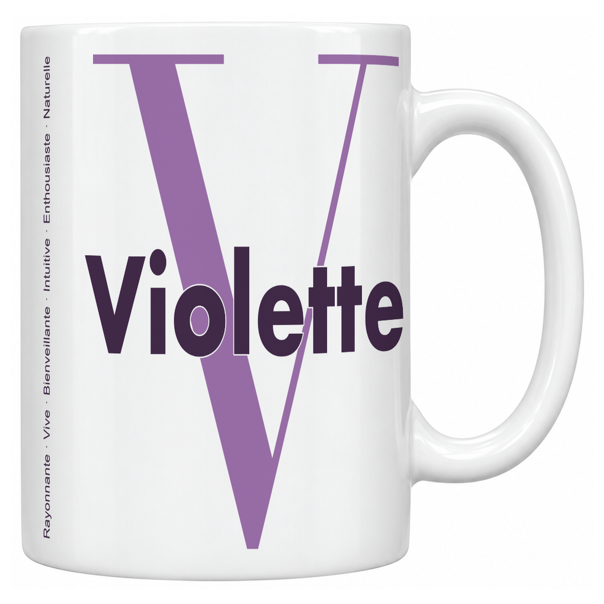Mug blanc céramique 330 ml prénom Violette : grande initiale V, prénom Violette en lettres bold et six qualités verticales sur le côté