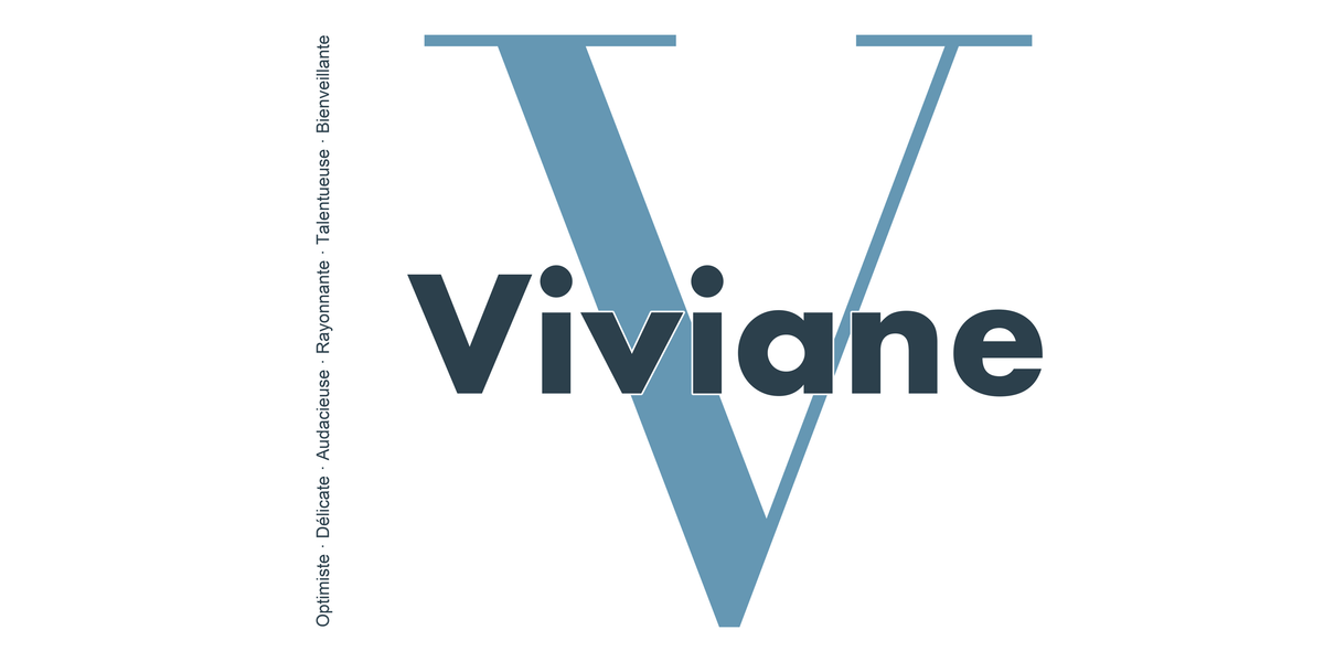 Visuel à plat du mug prénom Viviane : initiale V pleine hauteur, prénom Viviane centré et ligne verticale « Optimiste · Délicate · Audacieuse · Rayonnante · Talentueuse · Bienveillante »