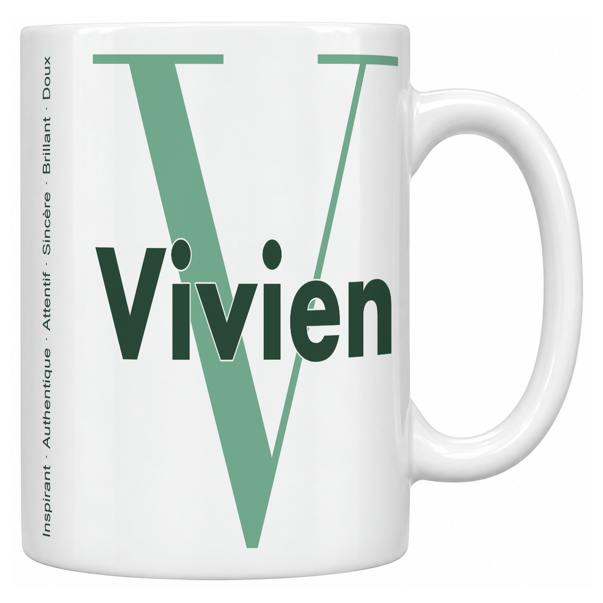 Mug blanc céramique 330 ml prénom Vivien : grande initiale V, prénom Vivien en lettres bold et six qualités verticales sur le côté