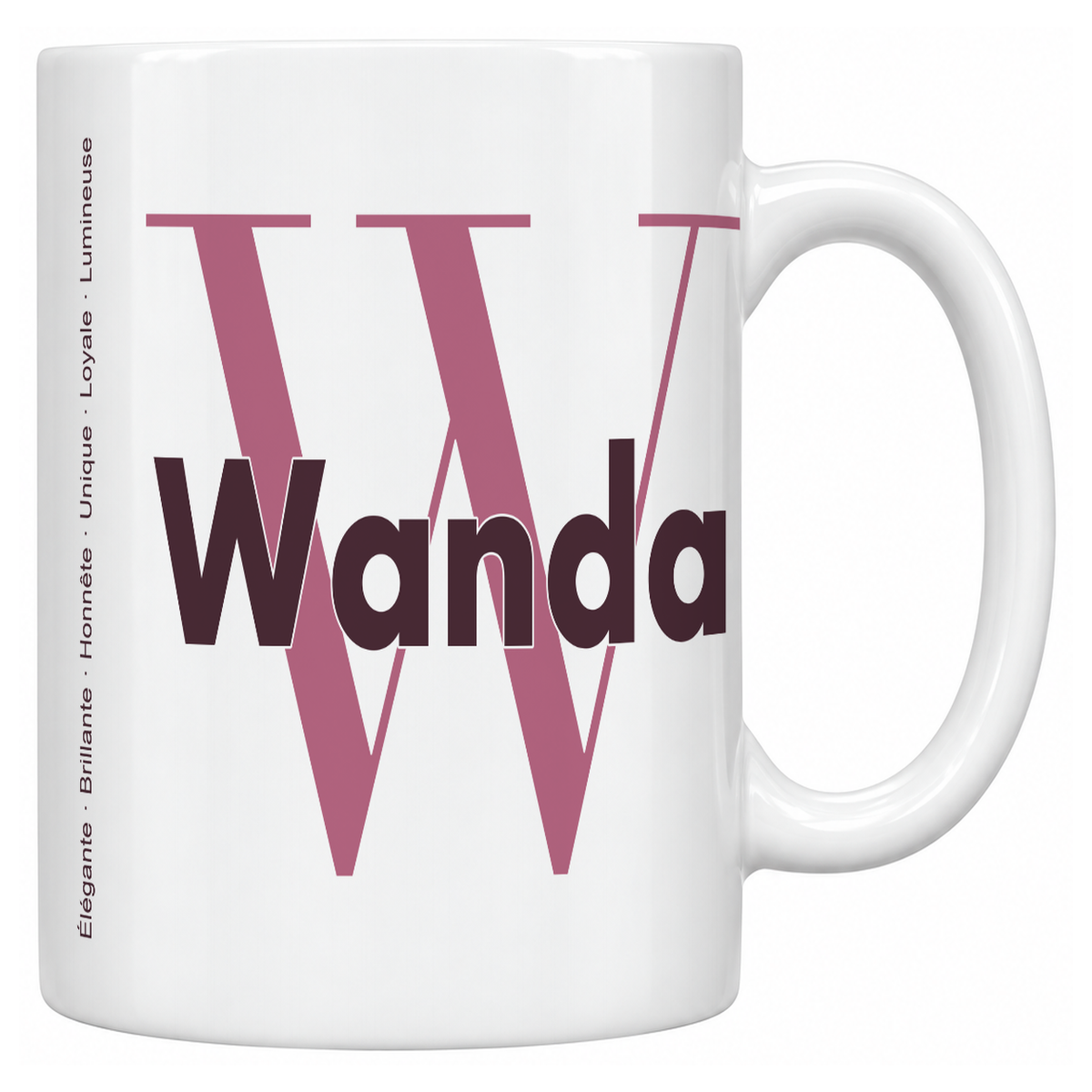 Mug blanc céramique 330 ml prénom Wanda : grande initiale W, prénom Wanda en lettres bold et six qualités verticales sur le côté