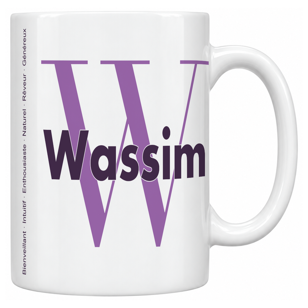 Mug blanc céramique 330 ml prénom Wassim : grande initiale W, prénom Wassim en lettres bold et six qualités verticales sur le côté