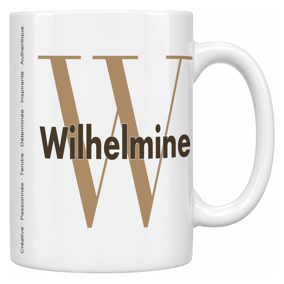 Mug blanc céramique 330 ml prénom Wilhelmine : grande initiale W, prénom Wilhelmine en lettres bold et six qualités verticales sur le côté