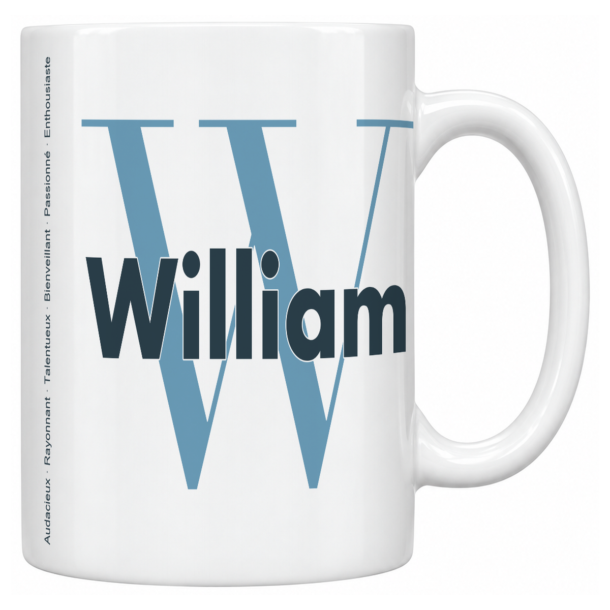 Mug blanc céramique 330 ml prénom William : grande initiale W, prénom William en lettres bold et six qualités verticales sur le côté