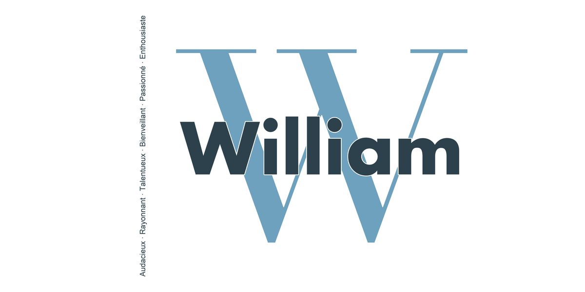 Visuel à plat du mug prénom William : initiale W pleine hauteur, prénom William centré et ligne verticale « Audacieux · Rayonnant · Talentueux · Bienveillant · Passionné · Enthousiaste »