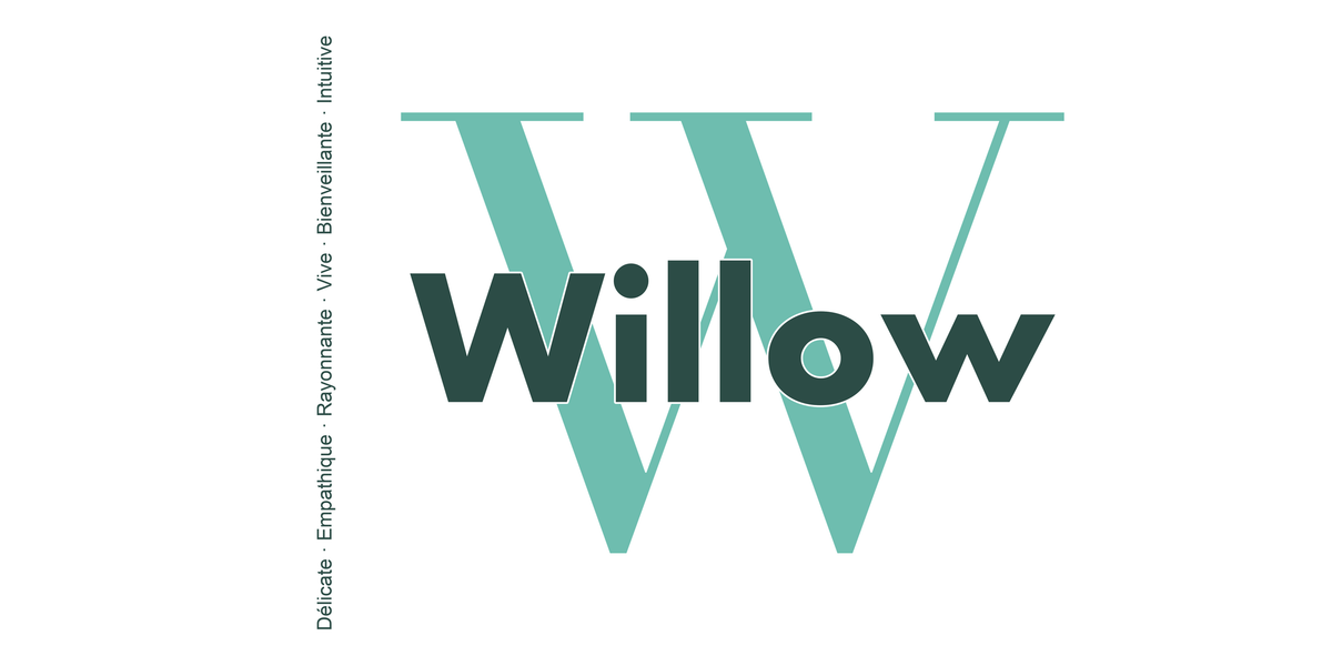 Visuel à plat du mug prénom Willow : initiale W pleine hauteur, prénom Willow centré et ligne verticale « Délicate · Empathique · Rayonnante · Vive · Bienveillante · Intuitive »