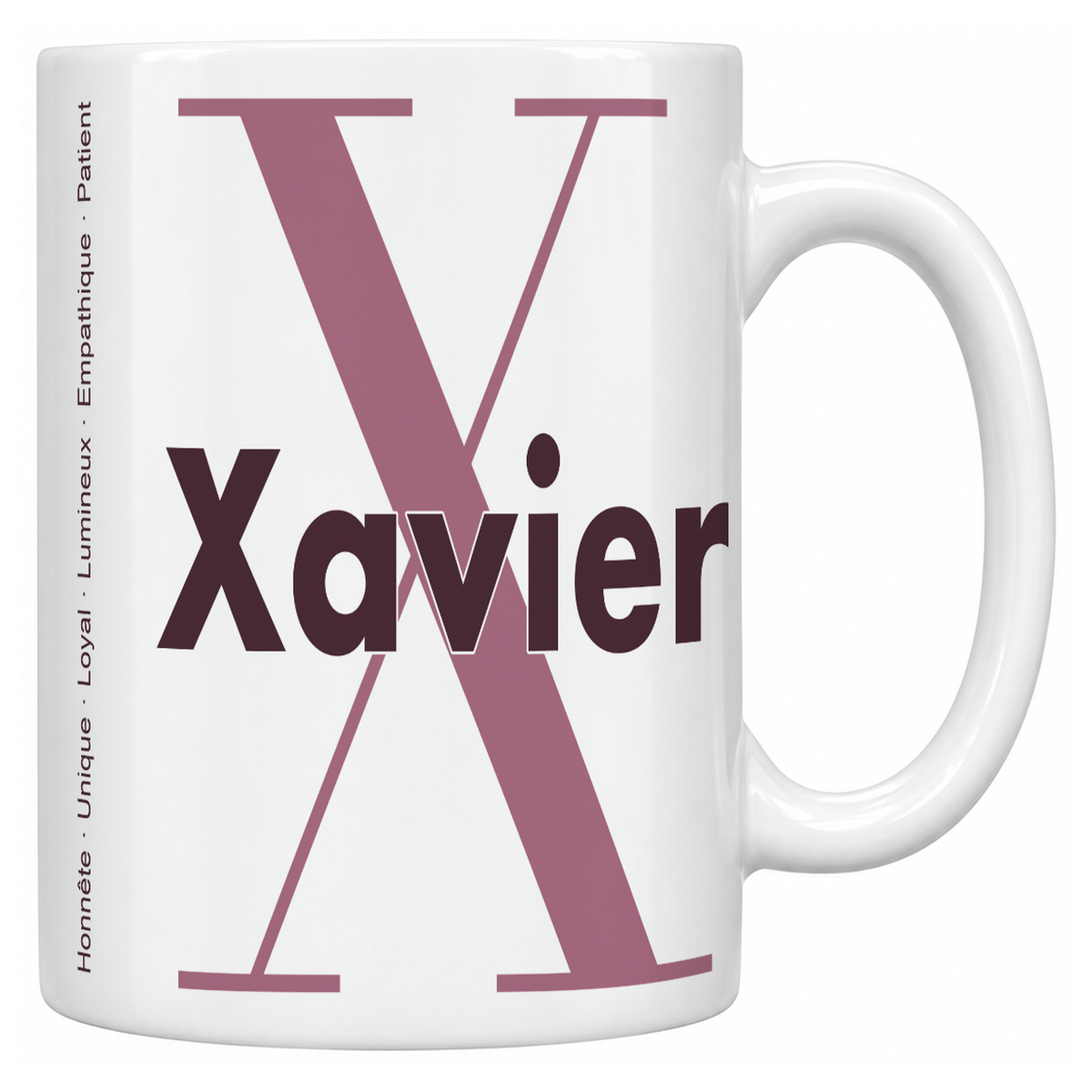 Mug blanc céramique 330 ml prénom Xavier : grande initiale X, prénom Xavier en lettres bold et six qualités verticales sur le côté