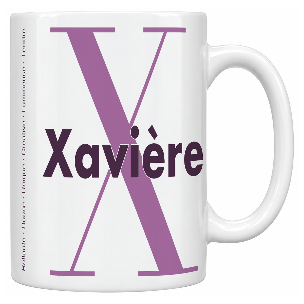 Mug blanc céramique 330 ml prénom Xavière : grande initiale X, prénom Xavière en lettres bold et six qualités verticales sur le côté