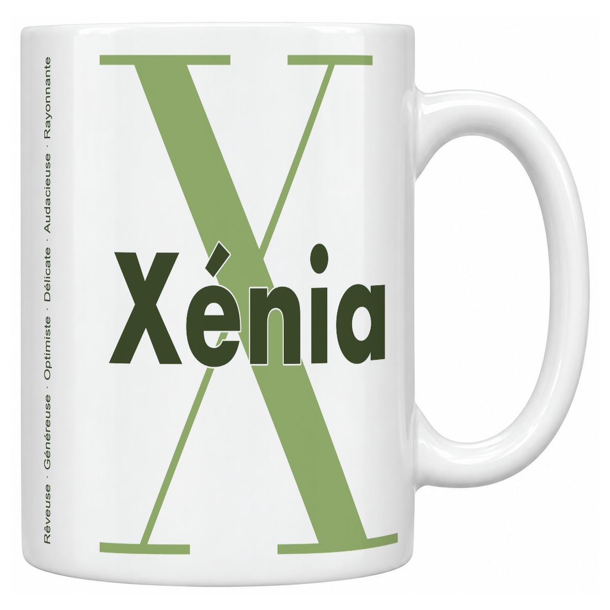 Mug blanc céramique 330 ml prénom Xénia : grande initiale X, prénom Xénia en lettres bold et six qualités verticales sur le côté