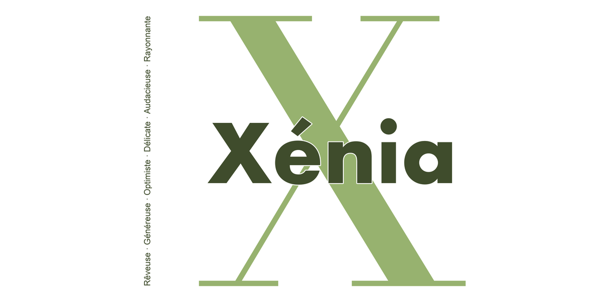 Visuel à plat du mug prénom Xénia : initiale X pleine hauteur, prénom Xénia centré et ligne verticale « Rêveuse · Généreuse · Optimiste · Délicate · Audacieuse · Rayonnante »