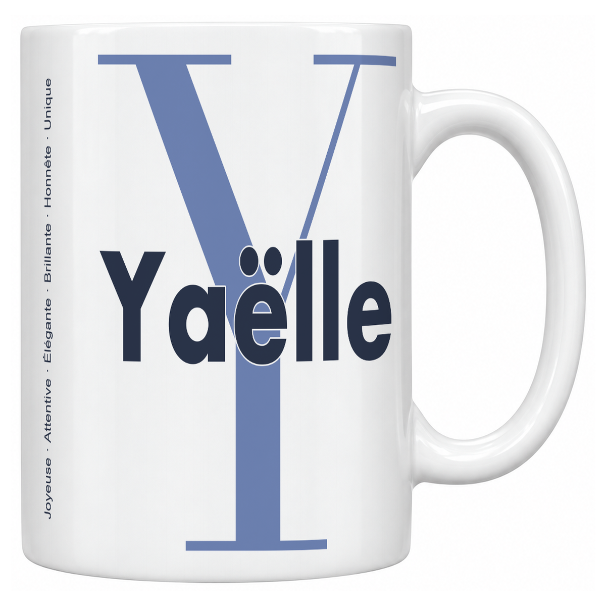 Mug blanc céramique 330 ml prénom Yaëlle : grande initiale Y, prénom Yaëlle en lettres bold et six qualités verticales sur le côté