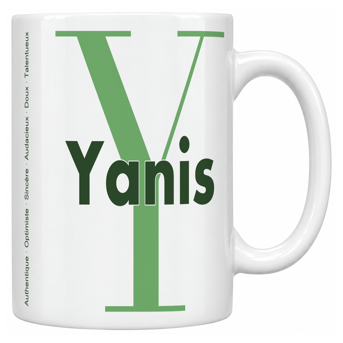 Mug blanc céramique 330 ml prénom Yanis : grande initiale Y, prénom Yanis en lettres bold et six qualités verticales sur le côté