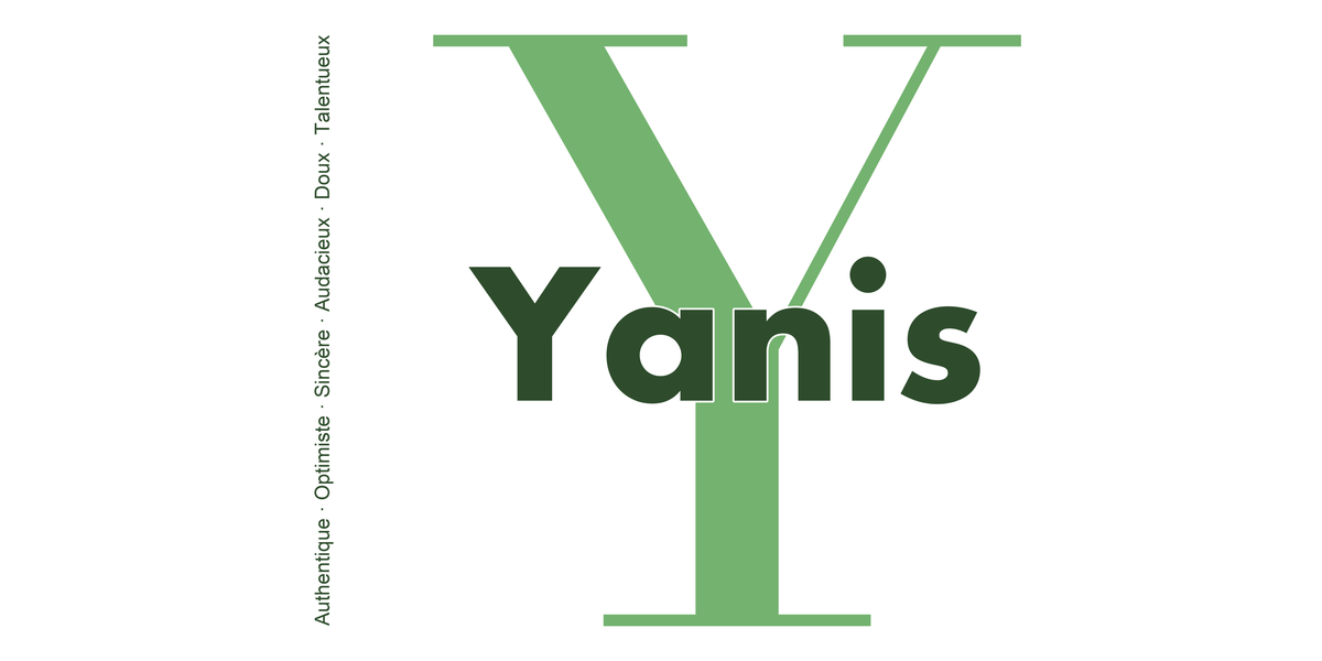 Visuel à plat du mug prénom Yanis : initiale Y pleine hauteur, prénom Yanis centré et ligne verticale « Authentique · Optimiste · Sincère · Audacieux · Doux · Talentueux »