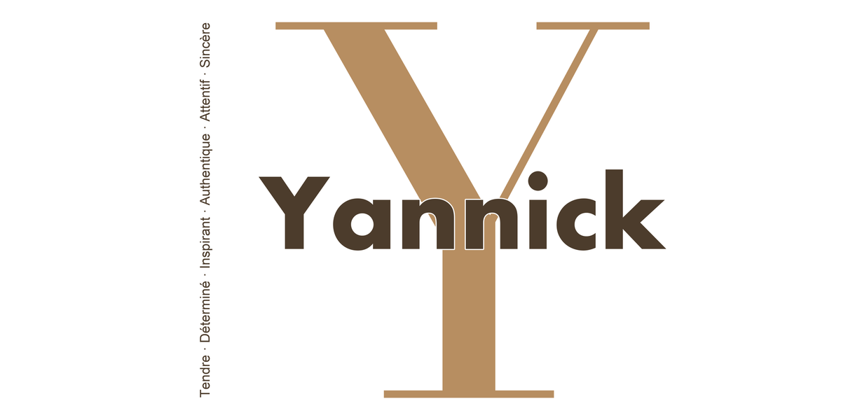 Visuel à plat du mug prénom Yannick : initiale Y pleine hauteur, prénom Yannick centré et ligne verticale « Tendre · Déterminé · Inspirant · Authentique · Attentif · Sincère »