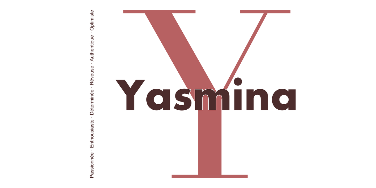 Visuel à plat du mug prénom Yasmina : initiale Y pleine hauteur, prénom Yasmina centré et ligne verticale « Passionnée · Enthousiaste · Déterminée · Rêveuse · Authentique · Optimiste »