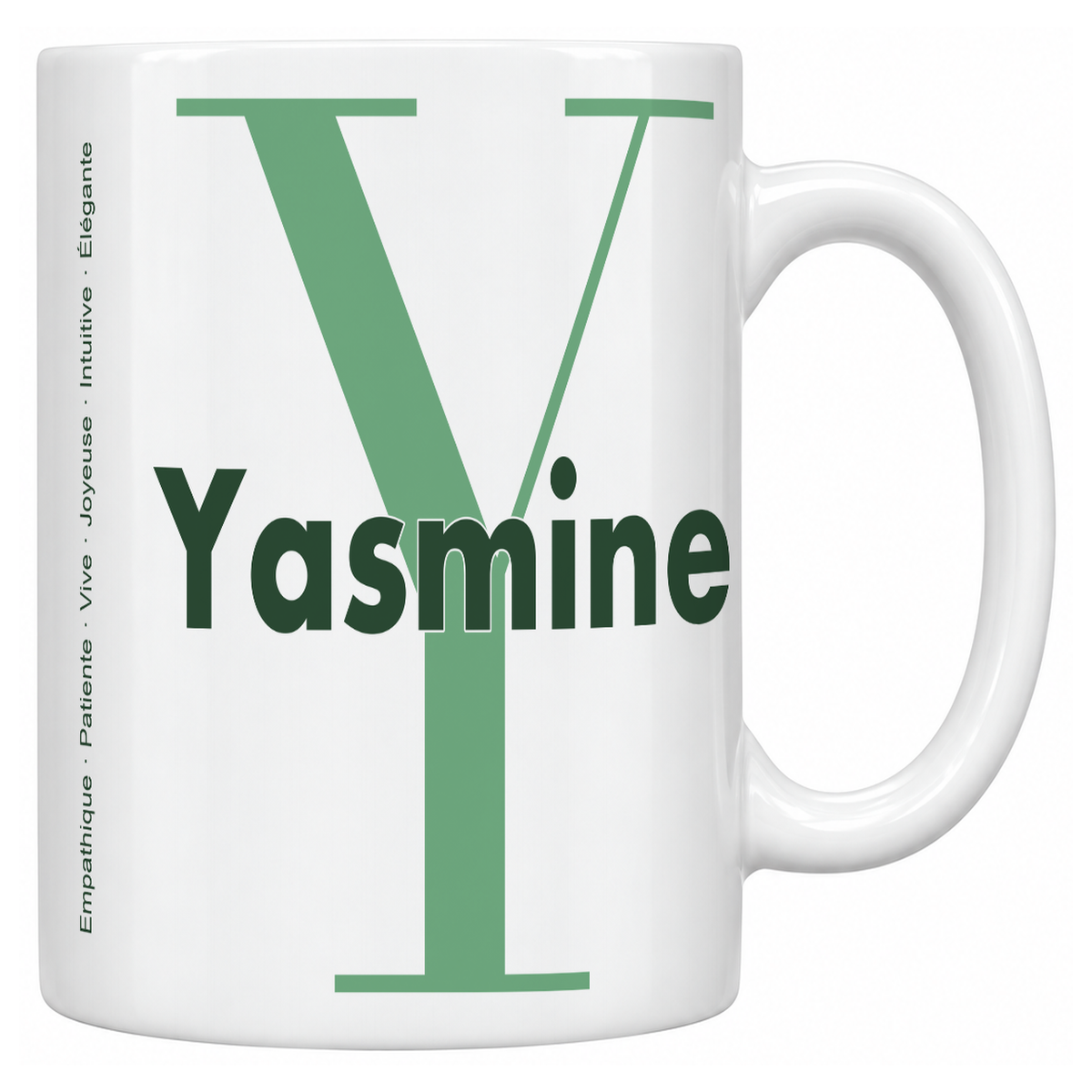 Mug blanc céramique 330 ml prénom Yasmine : grande initiale Y, prénom Yasmine en lettres bold et six qualités verticales sur le côté