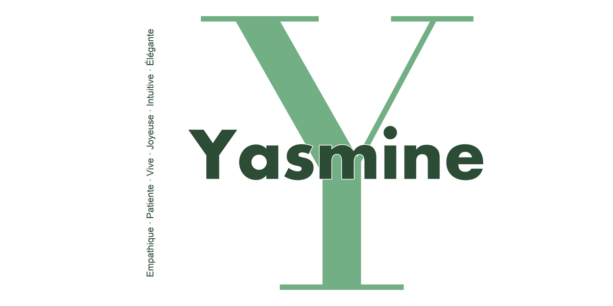 Visuel à plat du mug prénom Yasmine : initiale Y pleine hauteur, prénom Yasmine centré et ligne verticale « Empathique · Patiente · Vive · Joyeuse · Intuitive · Élégante »