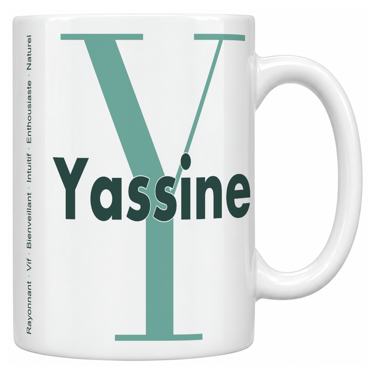 Mug blanc céramique 330 ml prénom Yassine : grande initiale Y, prénom Yassine en lettres bold et six qualités verticales sur le côté
