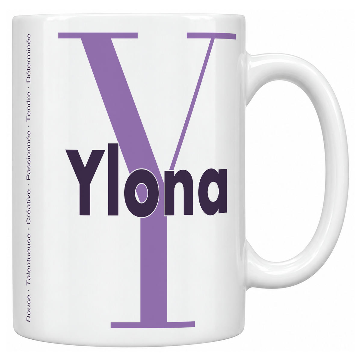 Mug blanc céramique 330 ml prénom Ylona : grande initiale Y, prénom Ylona en lettres bold et six qualités verticales sur le côté
