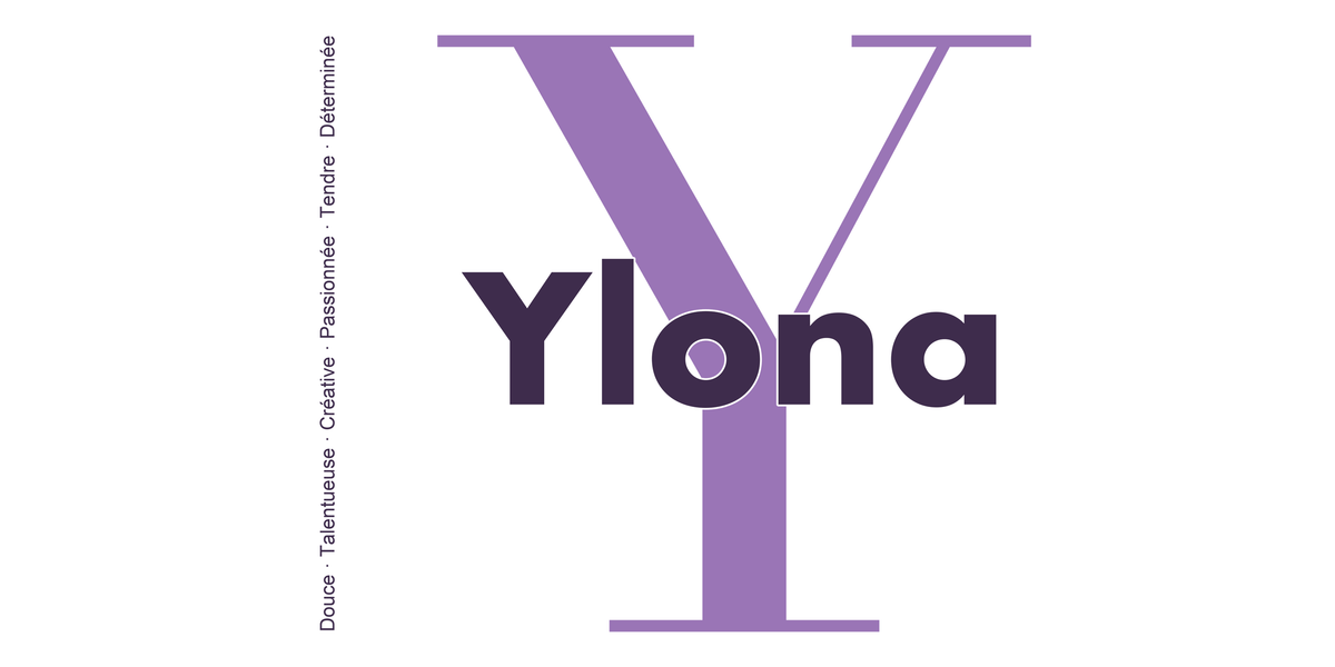 Visuel à plat du mug prénom Ylona : initiale Y pleine hauteur, prénom Ylona centré et ligne verticale « Douce · Talentueuse · Créative · Passionnée · Tendre · Déterminée »