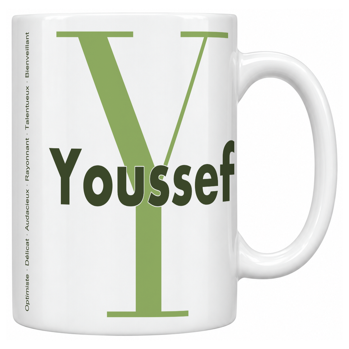 Mug blanc céramique 330 ml prénom Youssef : grande initiale Y, prénom Youssef en lettres bold et six qualités verticales sur le côté