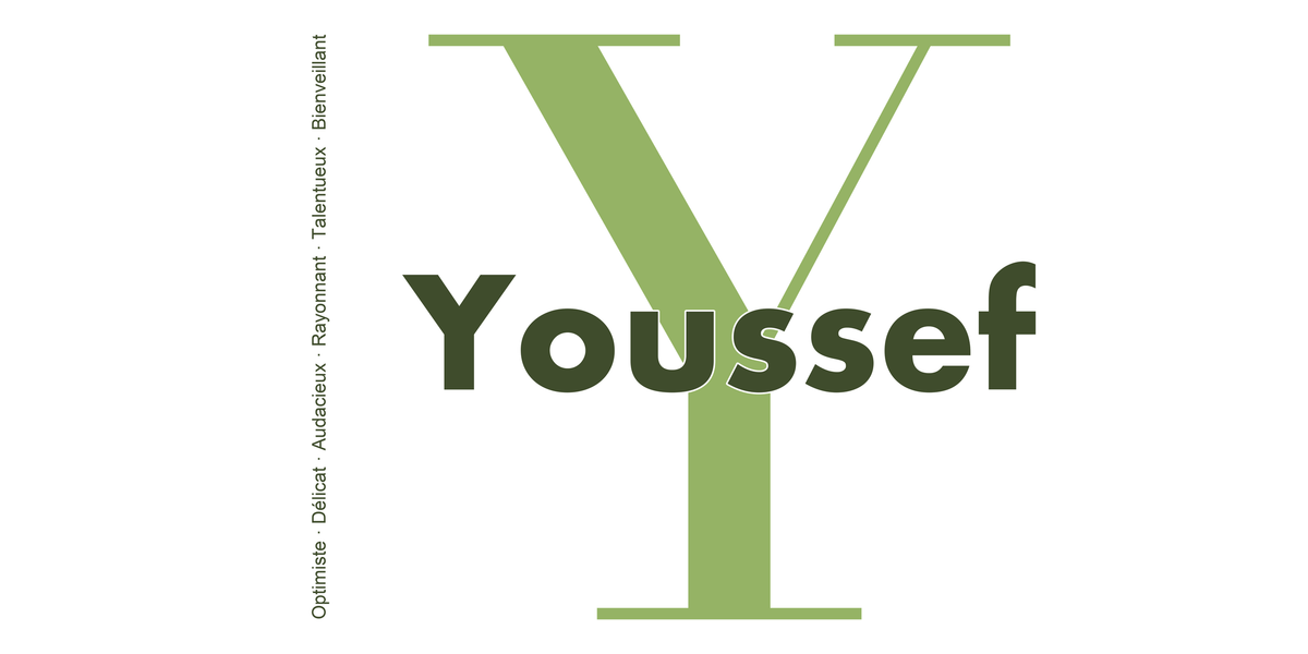 Visuel à plat du mug prénom Youssef : initiale Y pleine hauteur, prénom Youssef centré et ligne verticale « Optimiste · Délicat · Audacieux · Rayonnant · Talentueux · Bienveillant »