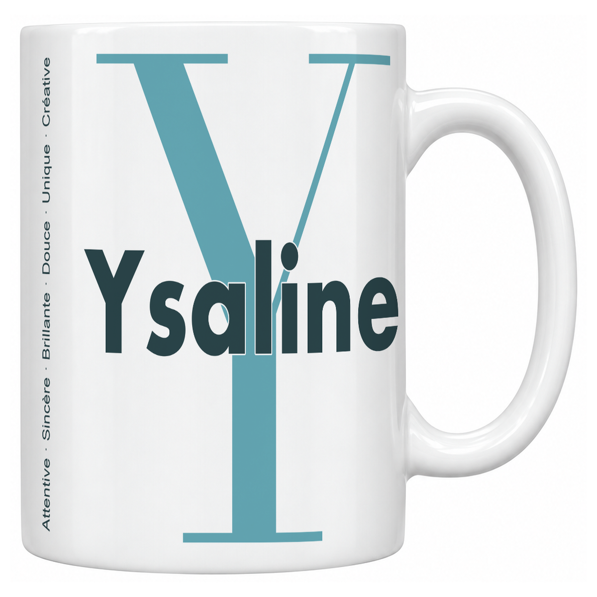 Mug blanc céramique 330 ml prénom Ysaline : grande initiale Y, prénom Ysaline en lettres bold et six qualités verticales sur le côté