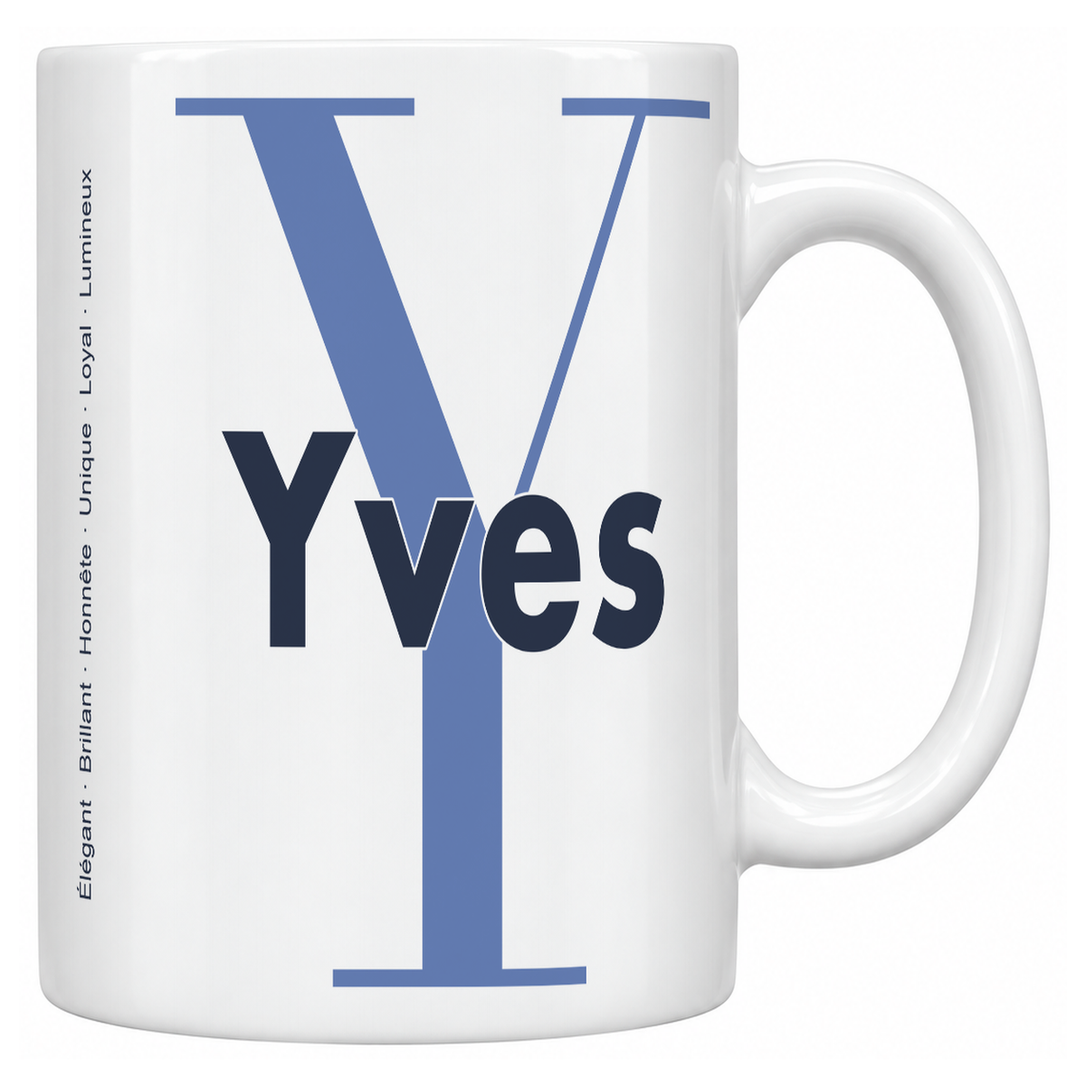 Mug blanc céramique 330 ml prénom Yves : grande initiale Y, prénom Yves en lettres bold et six qualités verticales sur le côté