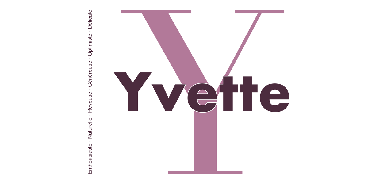 Visuel à plat du mug prénom Yvette : initiale Y pleine hauteur, prénom Yvette centré et ligne verticale « Enthousiaste · Naturelle · Rêveuse · Généreuse · Optimiste · Délicate »