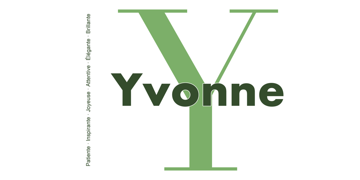 Visuel à plat du mug prénom Yvonne : initiale Y pleine hauteur, prénom Yvonne centré et ligne verticale « Patiente · Inspirante · Joyeuse · Attentive · Élégante · Brillante »