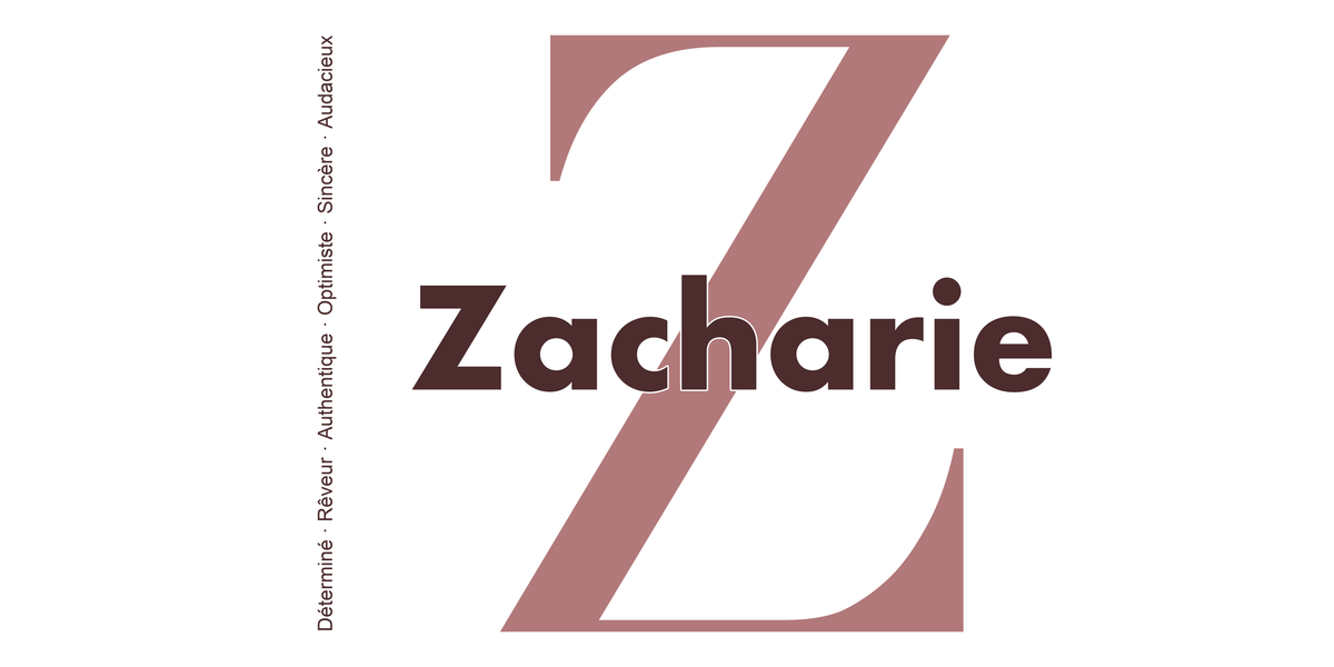 Visuel à plat du mug prénom Zacharie : initiale Z pleine hauteur, prénom Zacharie centré et ligne verticale « Déterminé · Rêveur · Authentique · Optimiste · Sincère · Audacieux »