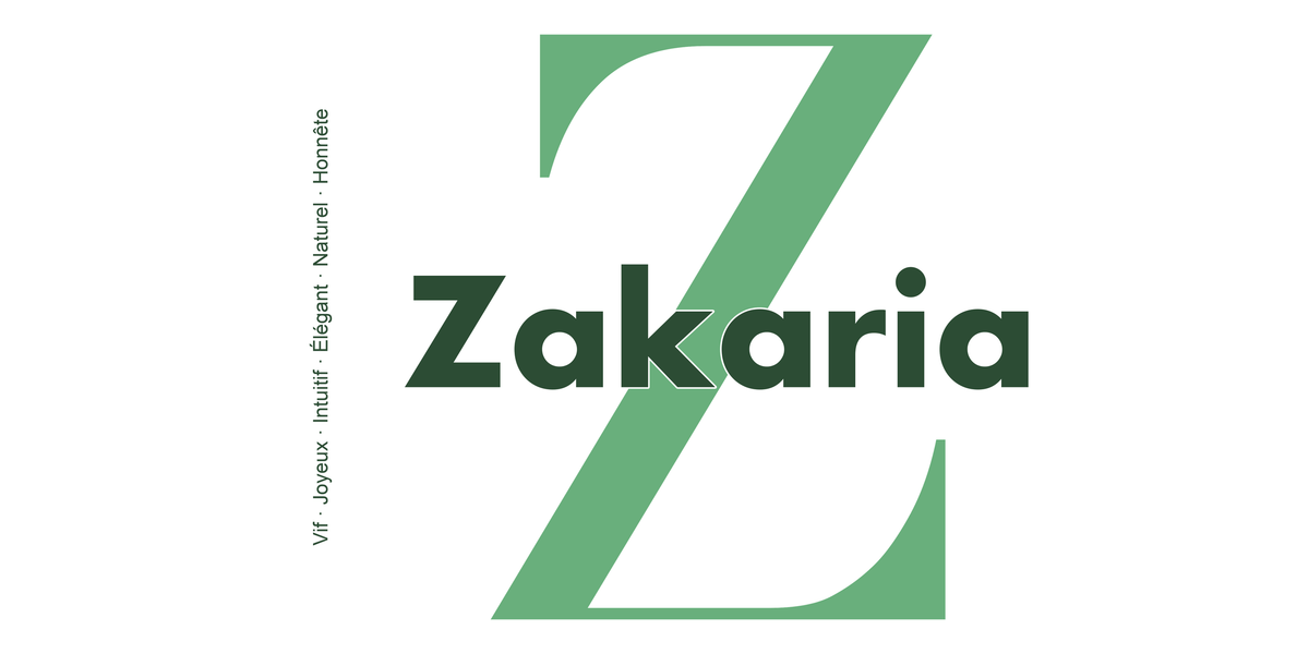 Visuel à plat du mug prénom Zakaria : initiale Z pleine hauteur, prénom Zakaria centré et ligne verticale « Vif · Joyeux · Intuitif · Élégant · Naturel · Honnête »