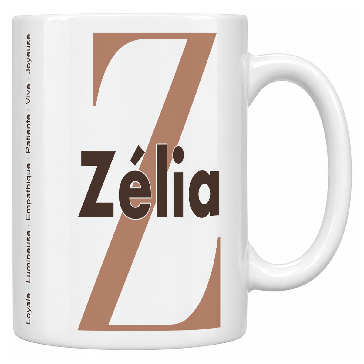 Mug blanc céramique 330 ml prénom Zélia : grande initiale Z, prénom Zélia en lettres bold et six qualités verticales sur le côté