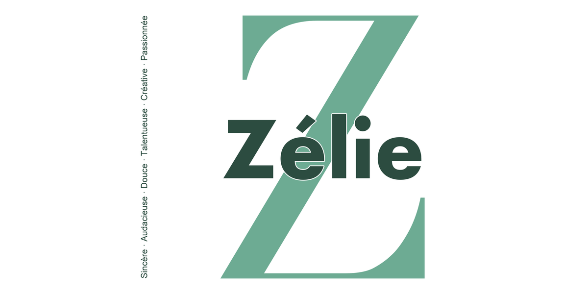 Visuel à plat du mug prénom Zélie : initiale Z pleine hauteur, prénom Zélie centré et ligne verticale « Sincère · Audacieuse · Douce · Talentueuse · Créative · Passionnée »