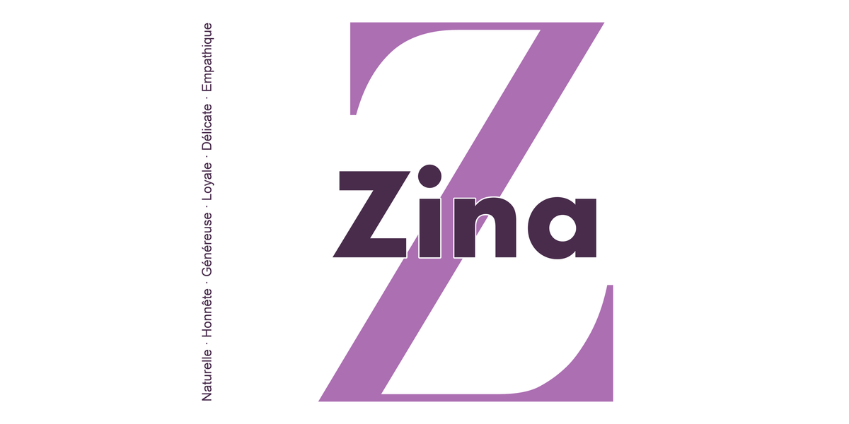 Visuel à plat du mug prénom Zina : initiale Z pleine hauteur, prénom Zina centré et ligne verticale « Naturelle · Honnête · Généreuse · Loyale · Délicate · Empathique »