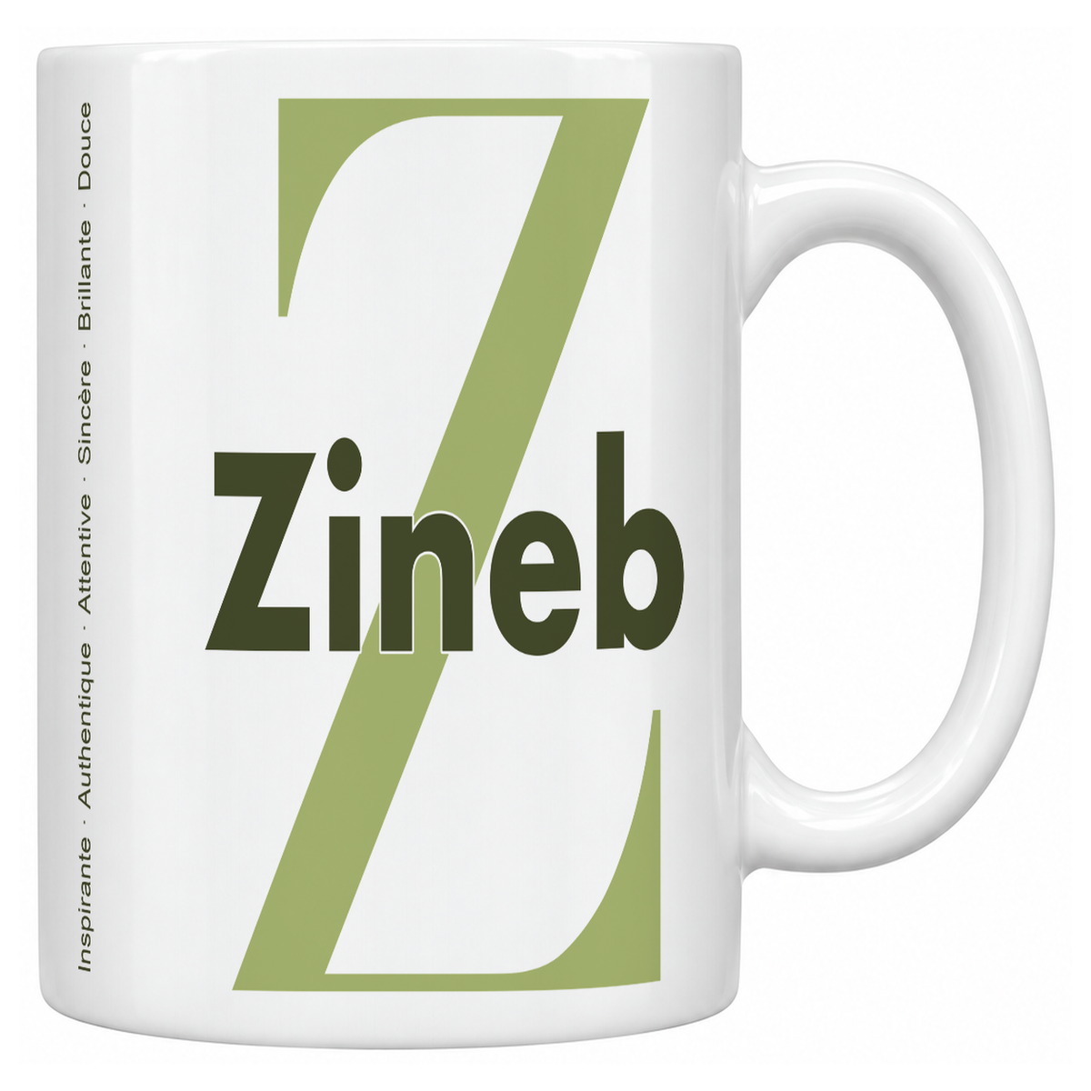 Mug blanc céramique 330 ml prénom Zineb : grande initiale Z, prénom Zineb en lettres bold et six qualités verticales sur le côté