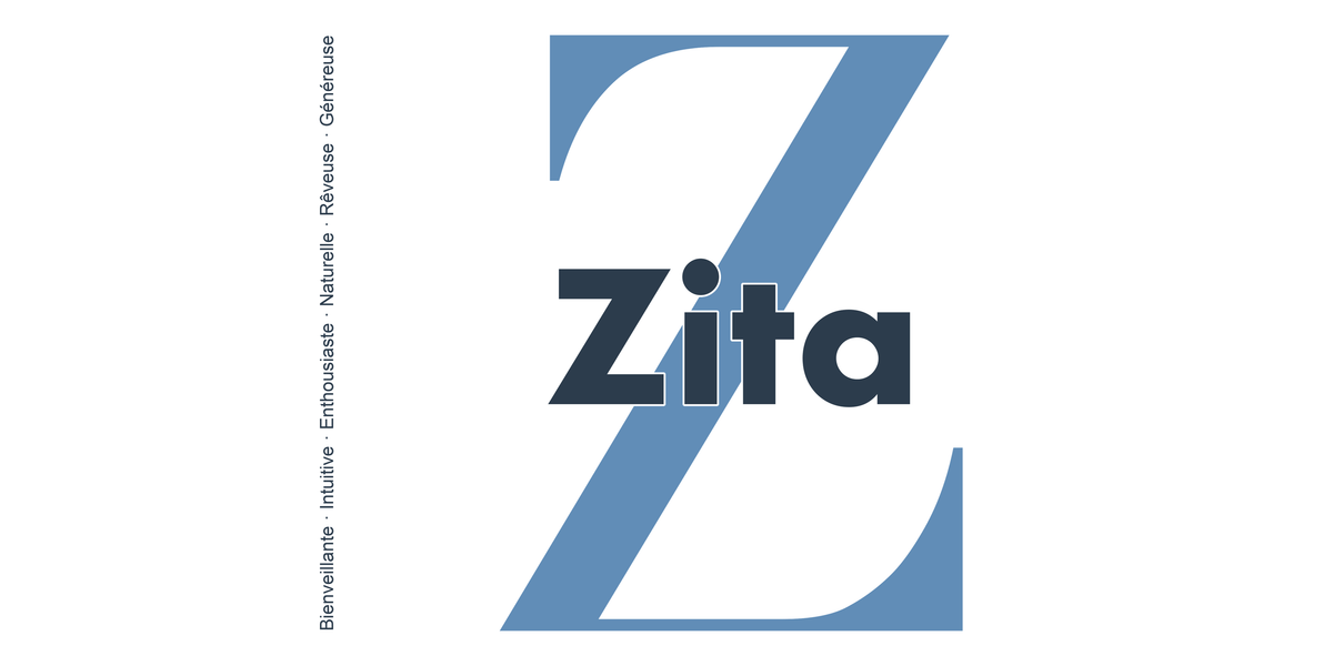 Visuel à plat du mug prénom Zita : initiale Z pleine hauteur, prénom Zita centré et ligne verticale « Bienveillante · Intuitive · Enthousiaste · Naturelle · Rêveuse · Généreuse »