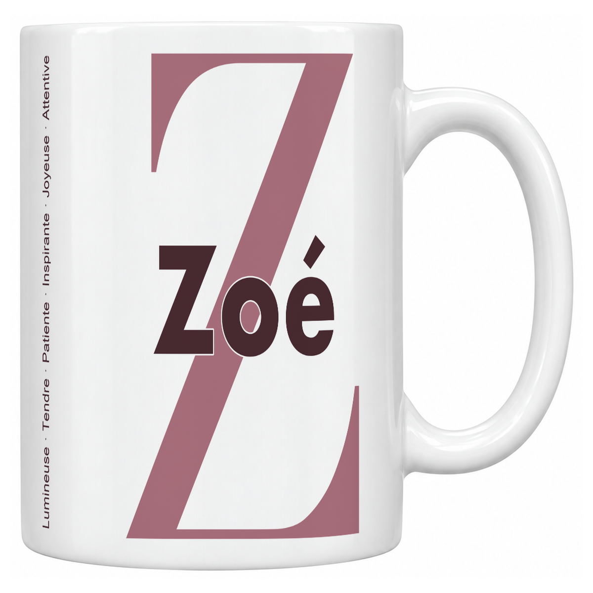 Mug blanc céramique 330 ml prénom Zoé : grande initiale Z, prénom Zoé en lettres bold et six qualités verticales sur le côté