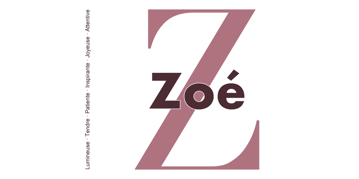 Visuel à plat du mug prénom Zoé : initiale Z pleine hauteur, prénom Zoé centré et ligne verticale « Lumineuse · Tendre · Patiente · Inspirante · Joyeuse · Attentive »