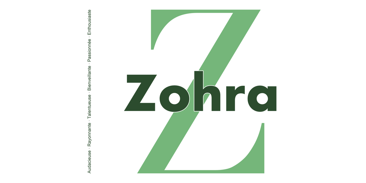 Visuel à plat du mug prénom Zohra : initiale Z pleine hauteur, prénom Zohra centré et ligne verticale « Audacieuse · Rayonnante · Talentueuse · Bienveillante · Passionnée · Enthousiaste »