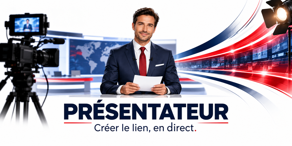 Visuel présentateur : le mot PRÉSENTATEUR en grandes capitales bleu marine soulignées d'un filet rouge, la devise Créer le lien, en direct ponctuée d'un point rouge, un présentateur en costume bleu marine, chemise blanche et cravate rouge, micro-cravate au revers, tenant ses feuilles derrière le pupitre d'un plateau de journal télévisé, une caméra sur pied au premier plan dont le moniteur le montre à l'image, un mur d'écrans bleu et rouge, un projecteur à volets et un planisphère en fond de plateau
