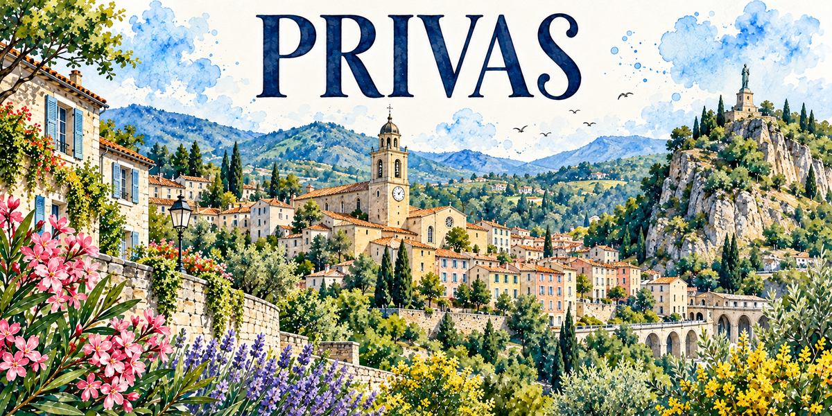 Aquarelle de Privas : vieille ville et toits de tuile, clocher, rocher couronné du mont Toulon et viaduc de pierre