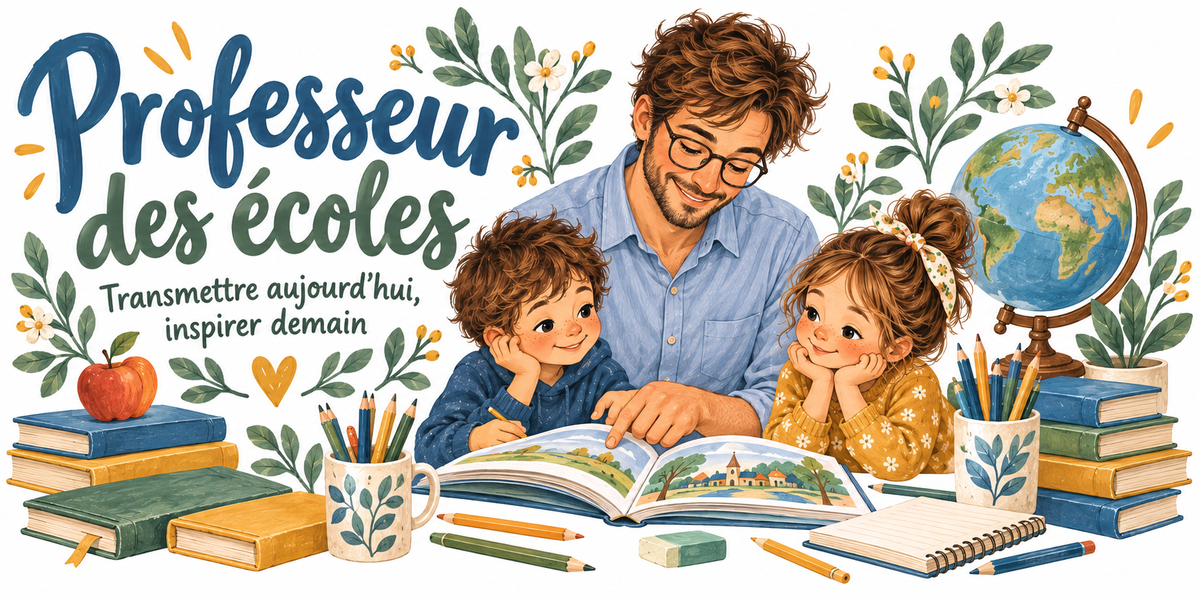 Visuel « Professeur des écoles, transmettre aujourd'hui inspirer demain » : maître à lunettes et deux élèves penchés sur un livre ouvert, globe, pomme et crayons