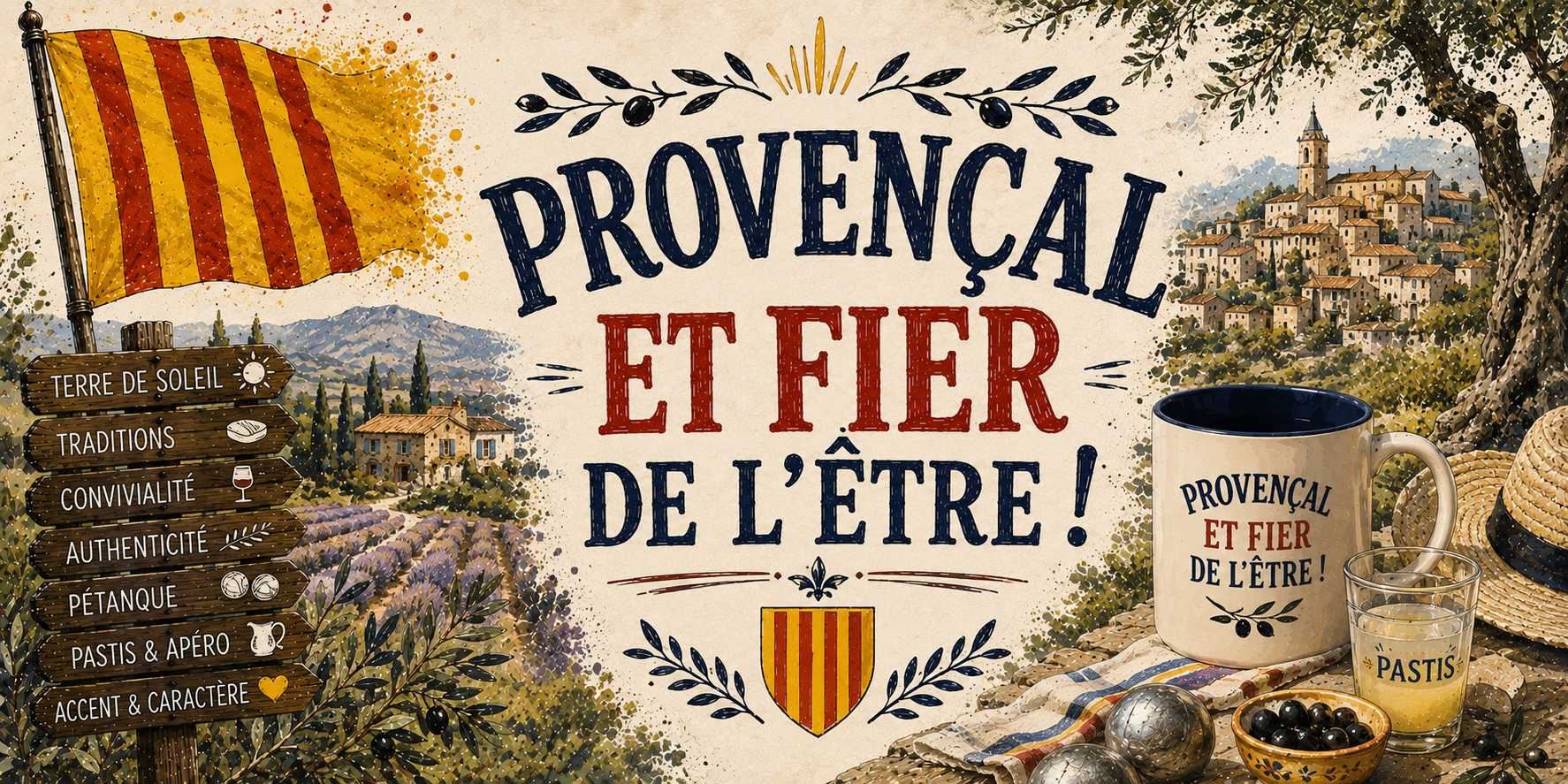 Visuel Provençal et fier de l'être : champs de lavande, mas, boules de pétanque, pastis et chapeau de paille