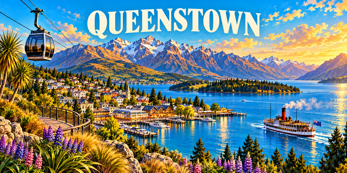 Affiche illustrée de Queenstown : le téléphérique, les lupins violets, le vapeur Earnslaw sur le lac Wakatipu et les Remarkables enneigés