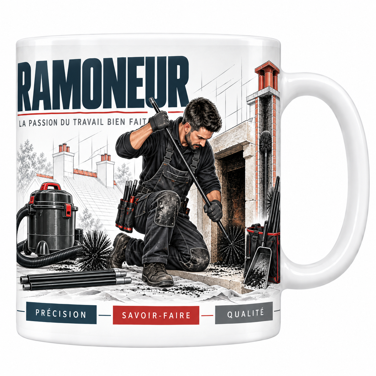 Mug ramoneur en céramique blanche 330 ml, illustration d'un ramoneur passant le hérisson dans un conduit de cheminée, aspirateur à suie et brosses, titre RAMONEUR bleu marine